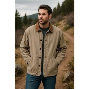 Y2K American Eagle Barn Coat L Beige Canvas Corduroy Collar Plaid Chore Jacket